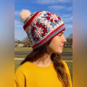 Handmade crochet granny square slouchy beanie pom pom hat